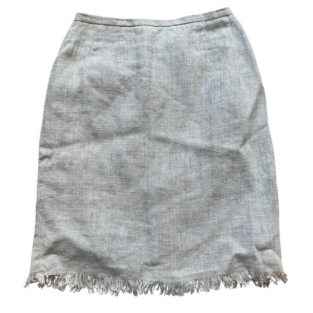 VTG Harvé Bernard Linen Fringe Skirt Neutral Textured Raw Hem Coastal Chic 25”